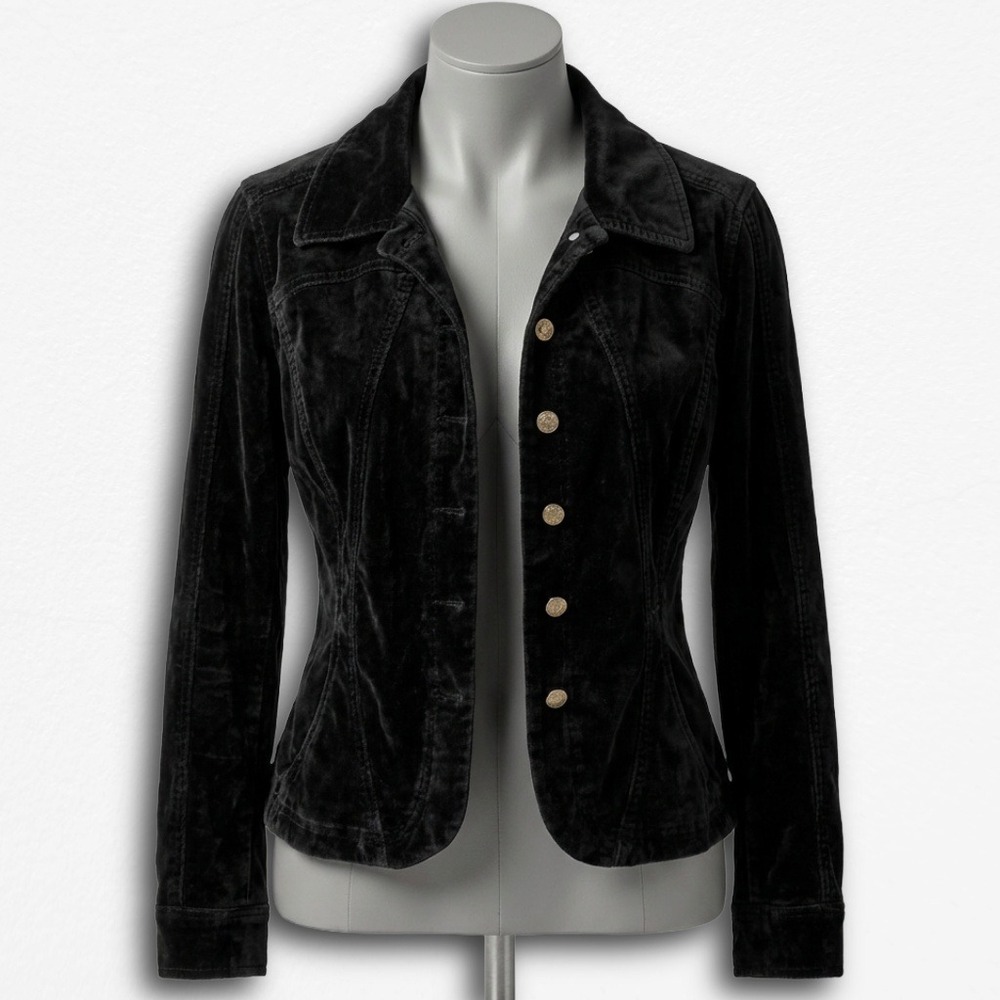 Live A Little Black Velvet Jacket Womens Small Cotton Button Up Blazer 17555